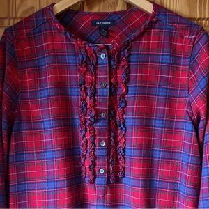 🆕🏕️LANDS’ END Ruffled Plaid Long Sleeve Flannel Shirt